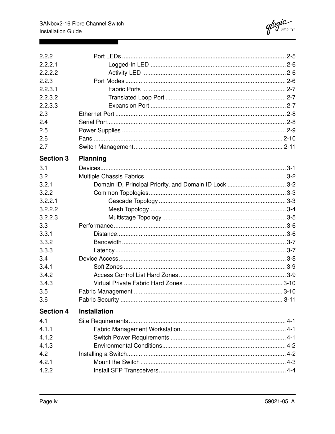 Q-Logic 59021-05 manual Section Planning, Section Installation, Logged-In LED 2.2 Activity LED 