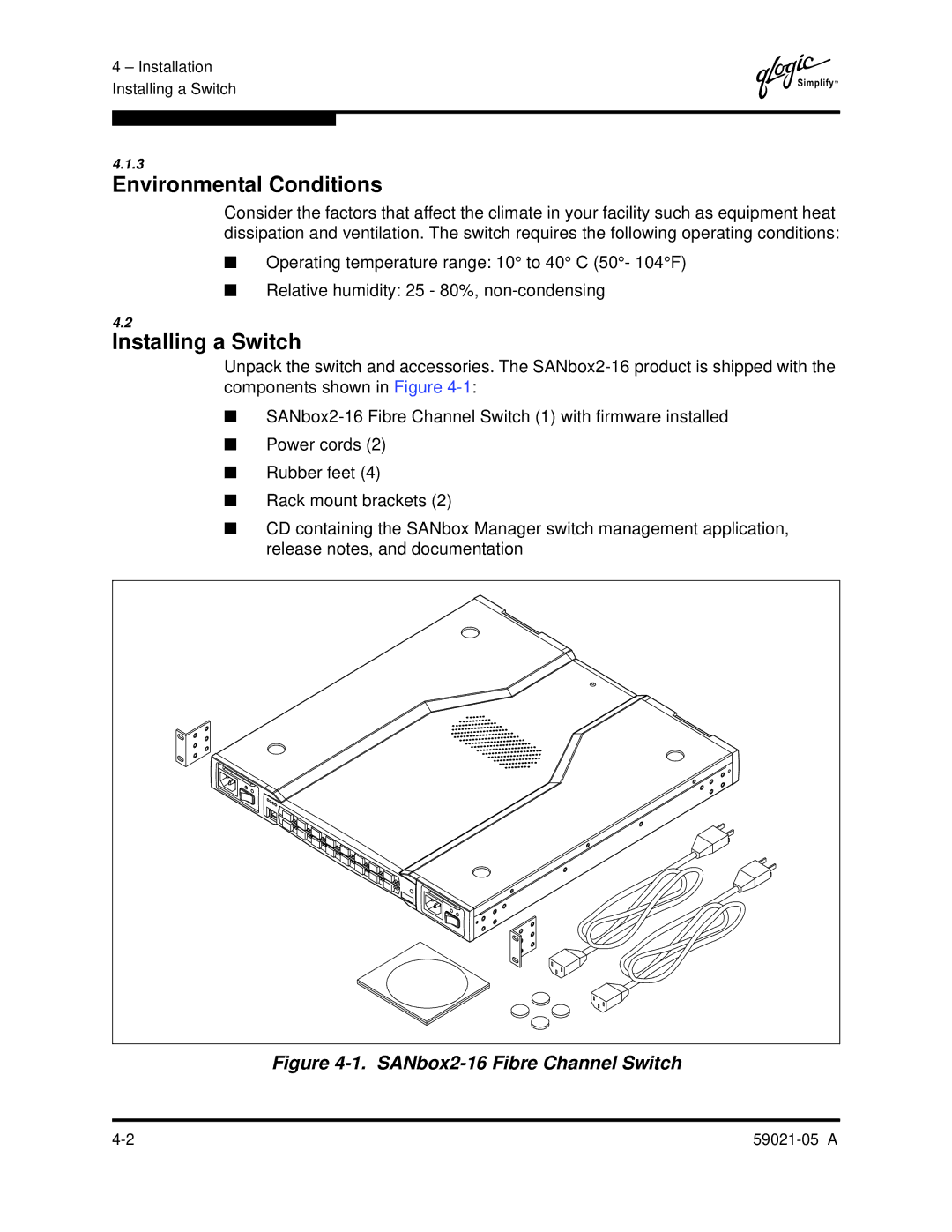 Q-Logic 59021-05 manual Environmental Conditions, Installing a Switch 