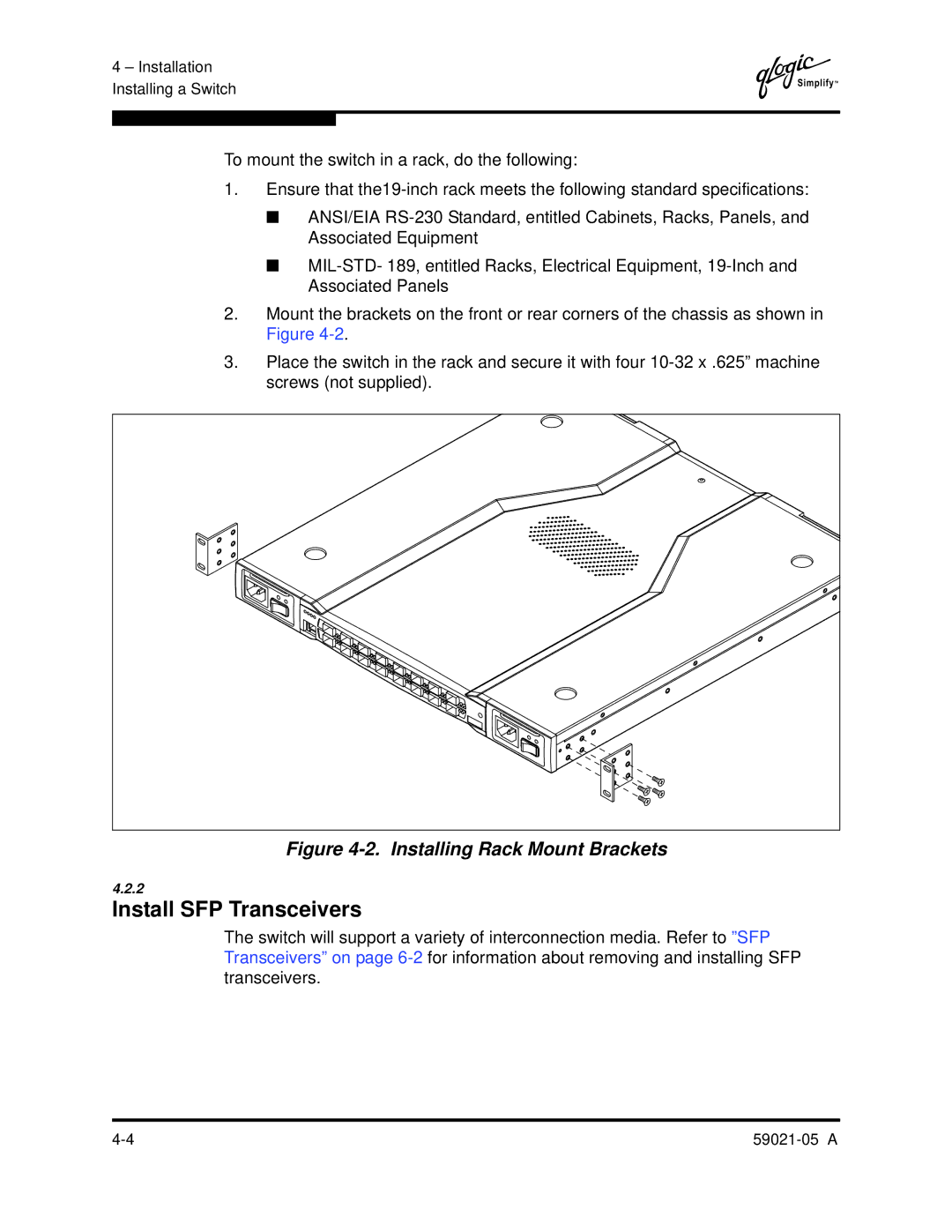 Q-Logic 59021-05 manual Install SFP Transceivers, Installing Rack Mount Brackets 