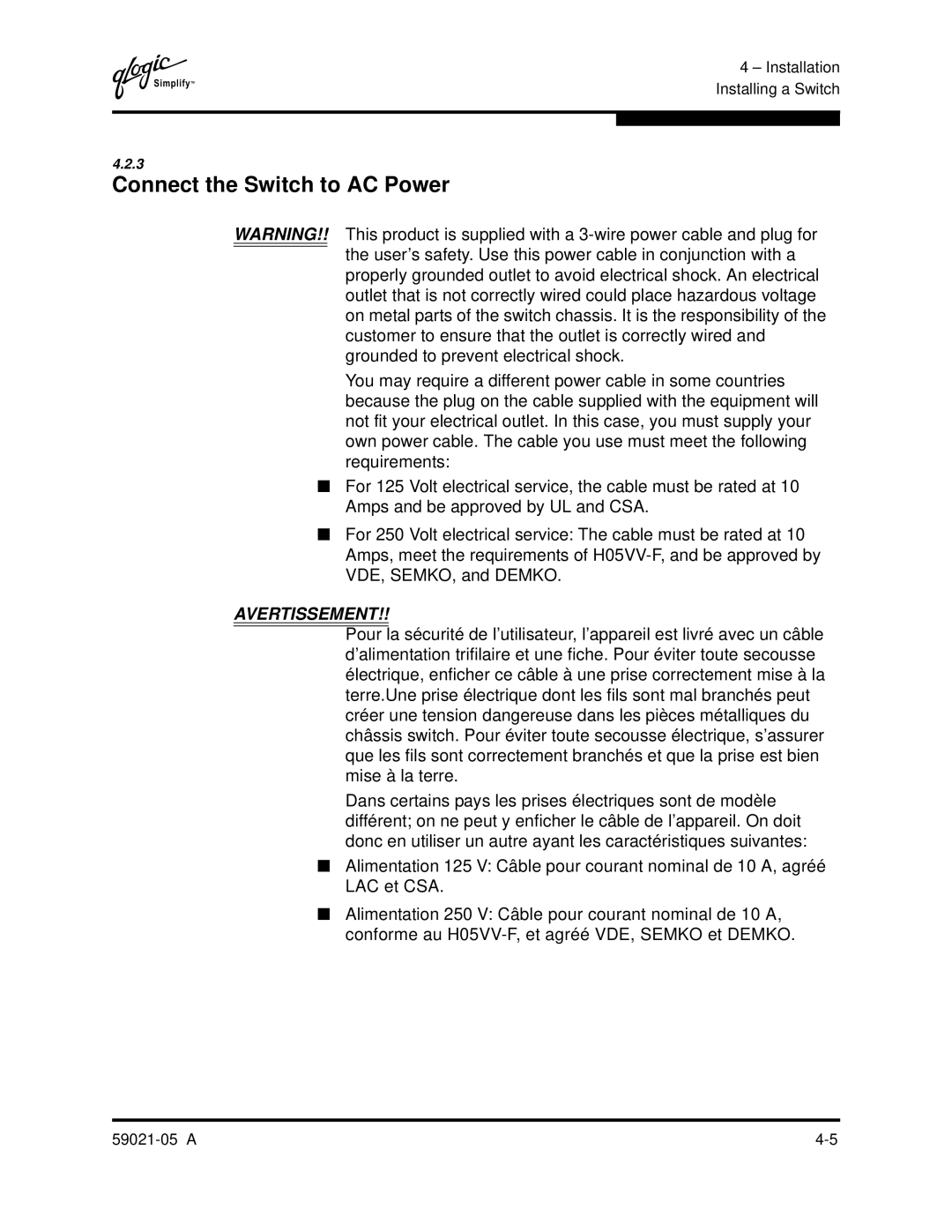 Q-Logic 59021-05 manual Connect the Switch to AC Power, Avertissement 