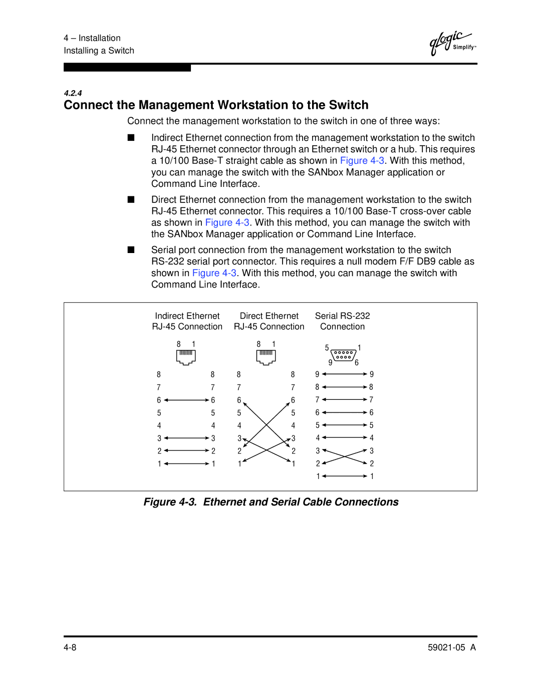 Q-Logic 59021-05 manual Connect the Management Workstation to the Switch, Ethernet and Serial Cable Connections 