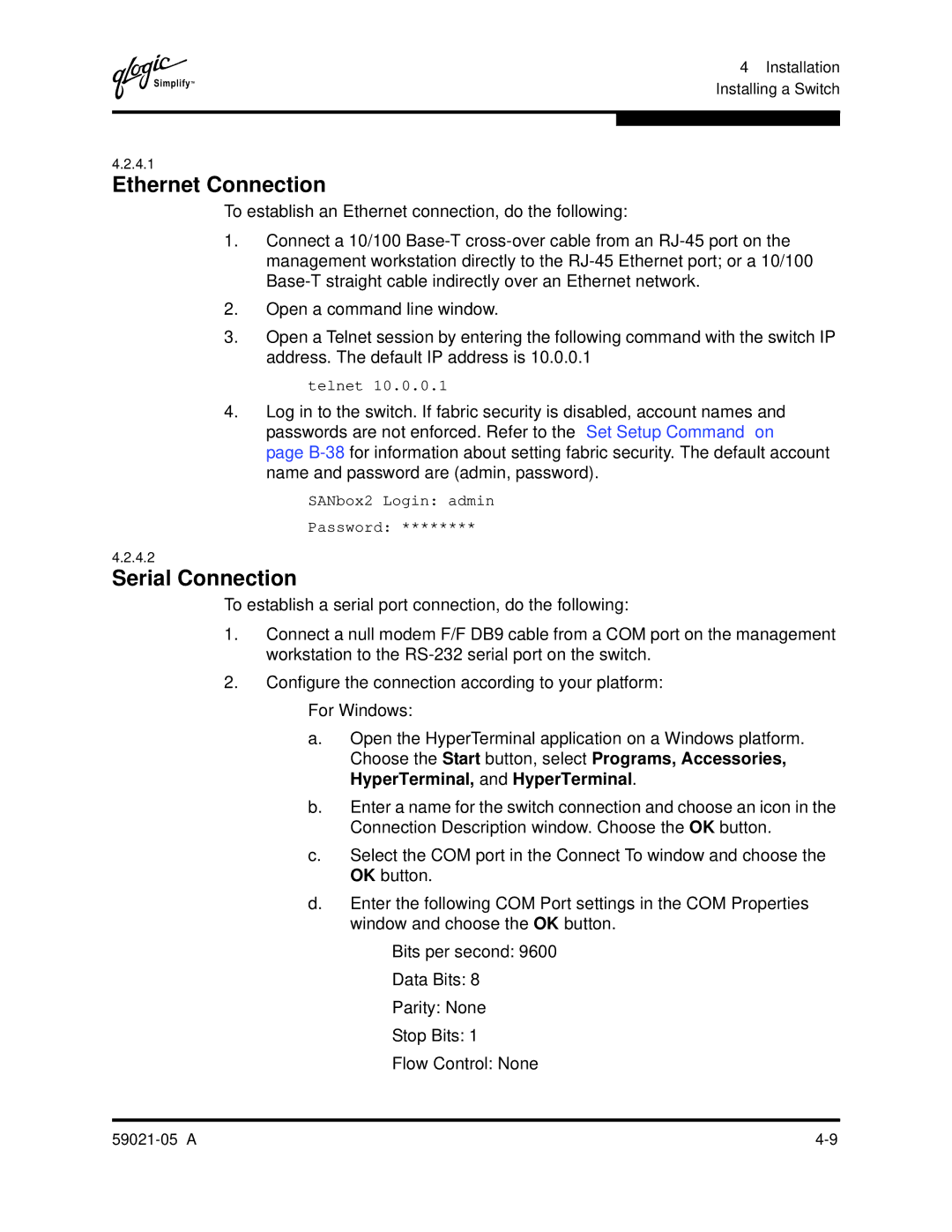 Q-Logic 59021-05 manual Ethernet Connection, Serial Connection 