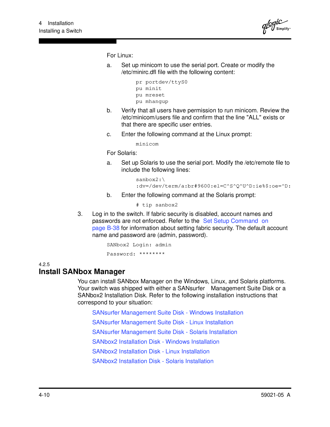 Q-Logic 59021-05 manual Install SANbox Manager, Enter the following command at the Solaris prompt 