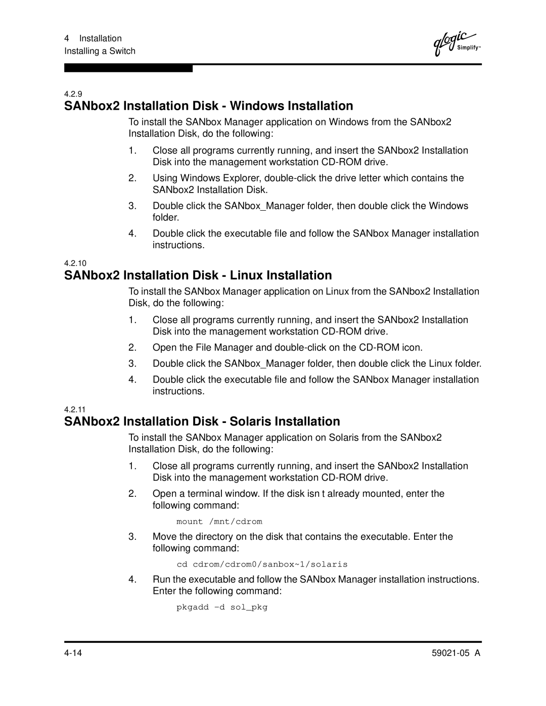 Q-Logic 59021-05 manual SANbox2 Installation Disk Windows Installation, SANbox2 Installation Disk Linux Installation 