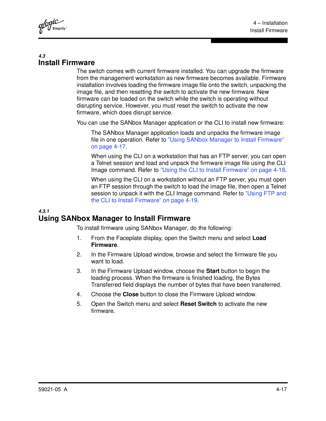 Q-Logic 59021-05 manual Using SANbox Manager to Install Firmware 