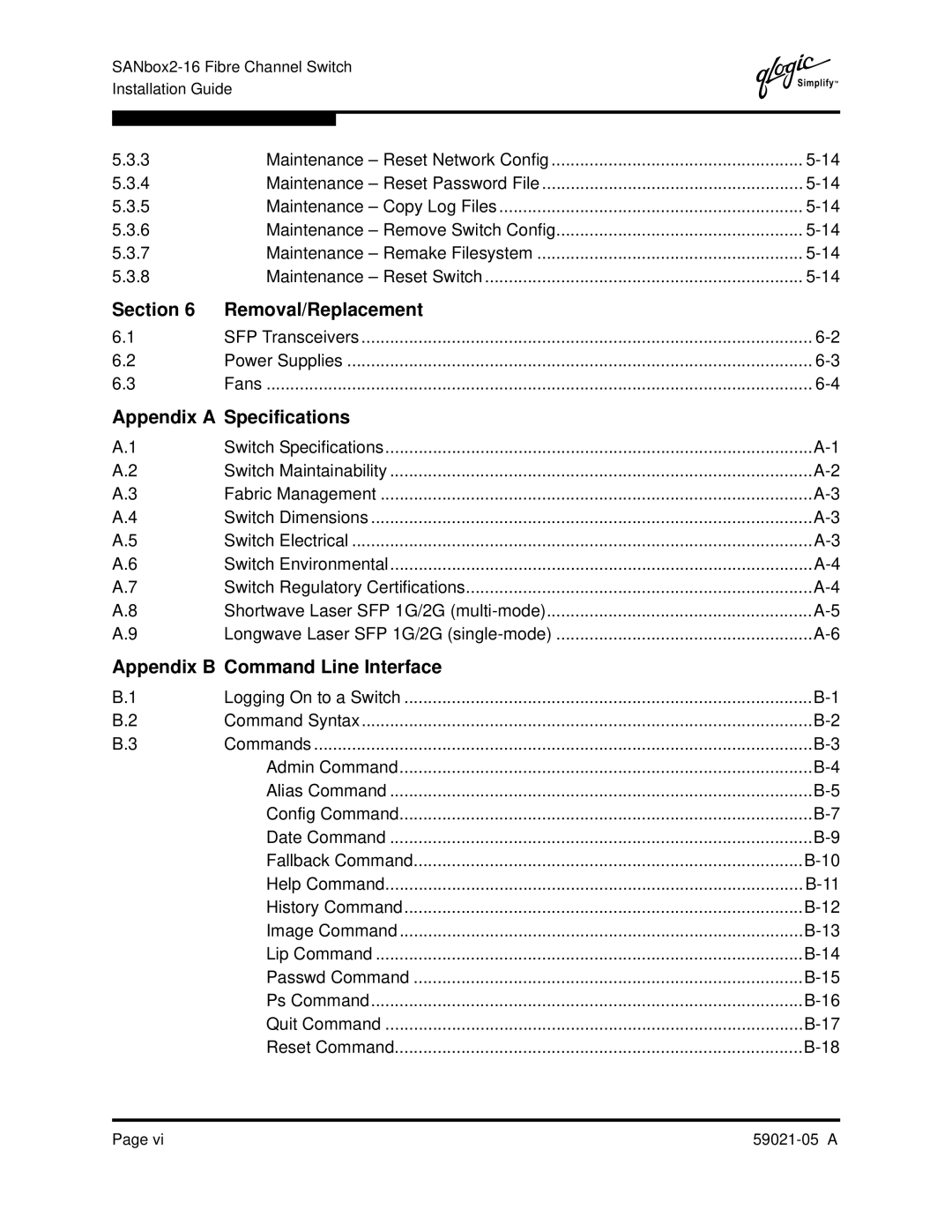 Q-Logic 59021-05 manual Section Removal/Replacement, Appendix a Specifications, Appendix B Command Line Interface 