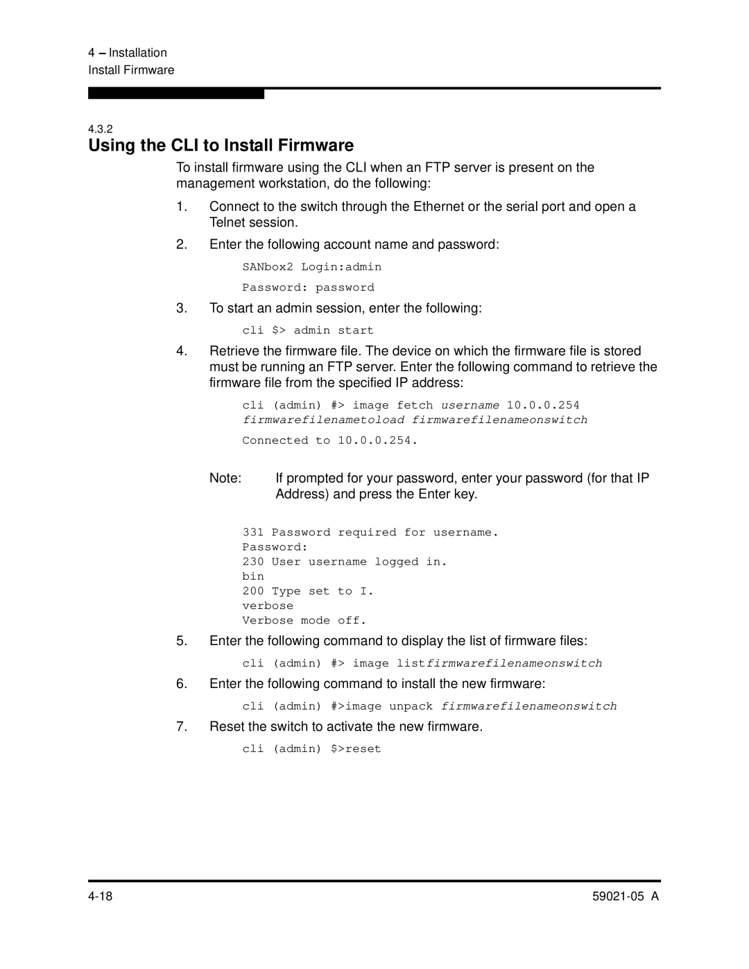 Q-Logic 59021-05 manual Using the CLI to Install Firmware, Enter the following command to install the new firmware 