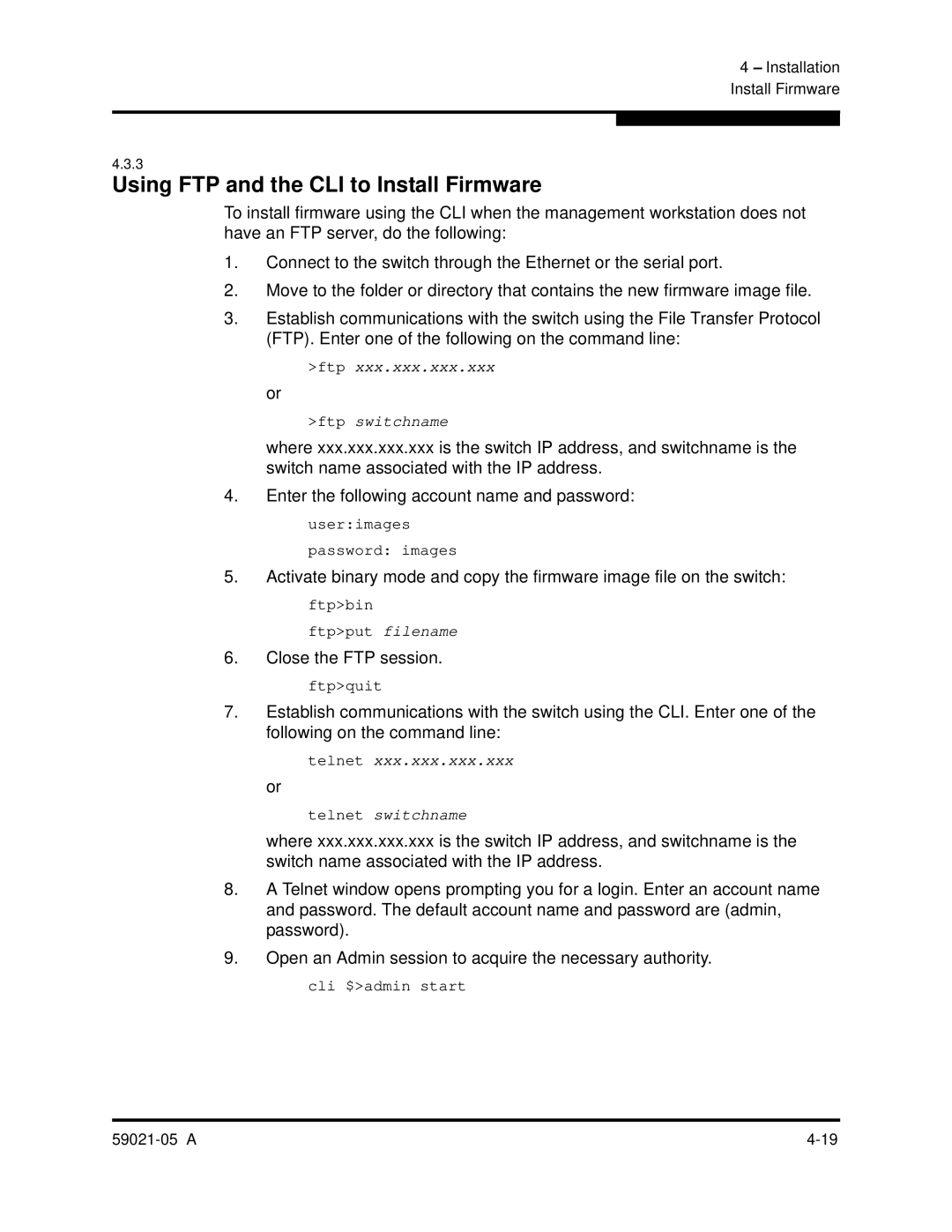 Q-Logic 59021-05 manual Using FTP and the CLI to Install Firmware, Close the FTP session 