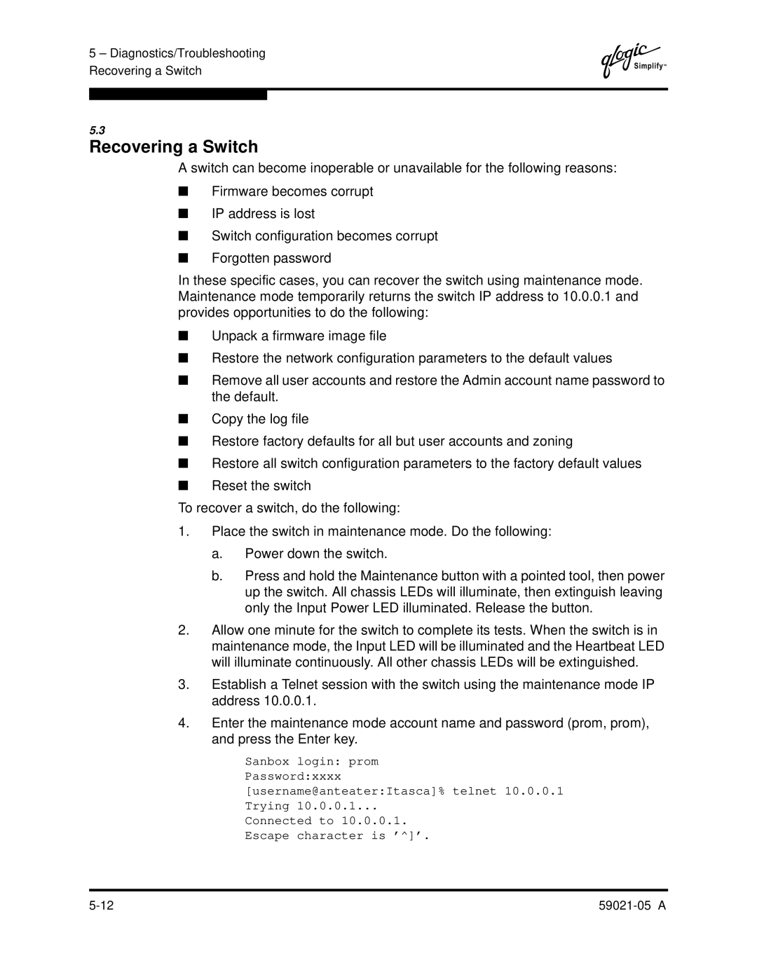 Q-Logic 59021-05 manual Recovering a Switch 