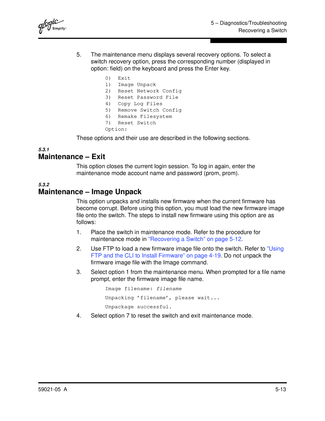 Q-Logic 59021-05 manual Maintenance Exit, Maintenance Image Unpack 