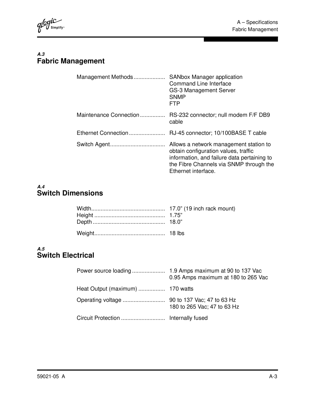 Q-Logic 59021-05 manual Switch Dimensions, Switch Electrical 