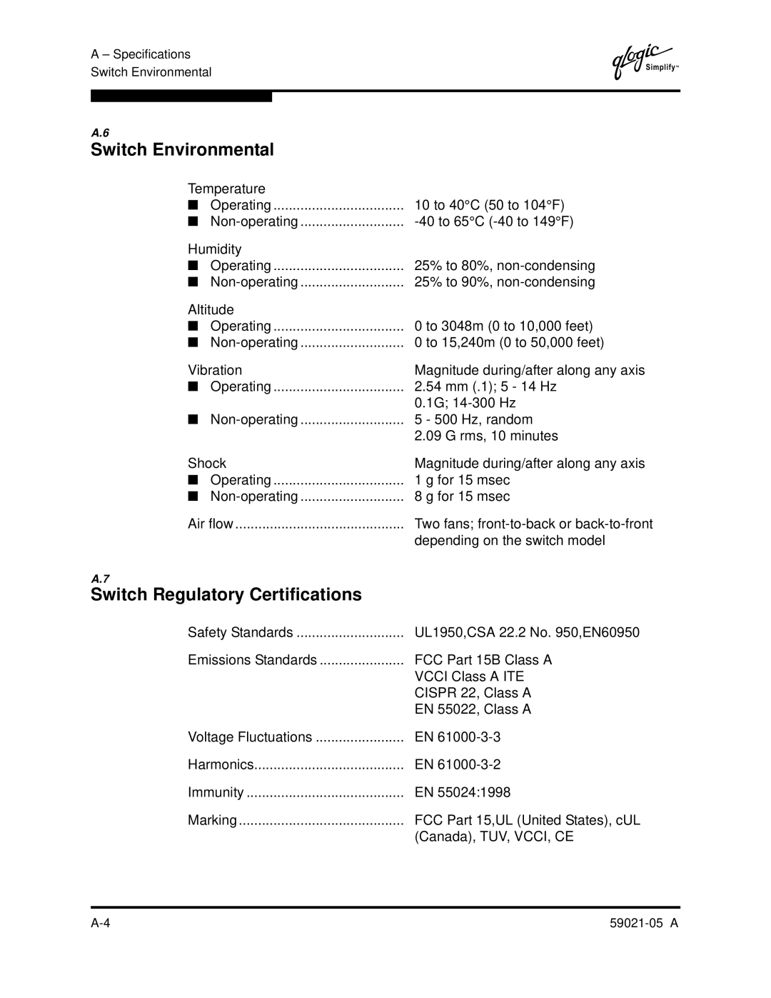 Q-Logic 59021-05 manual Switch Environmental, Switch Regulatory Certifications, Depending on the switch model 