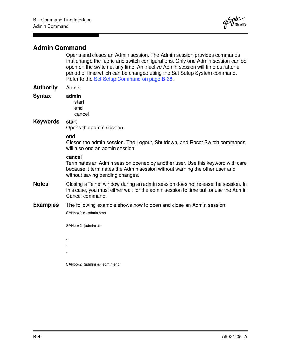 Q-Logic 59021-05 manual Admin Command, Authority, Syntax, Keywords, Examples 