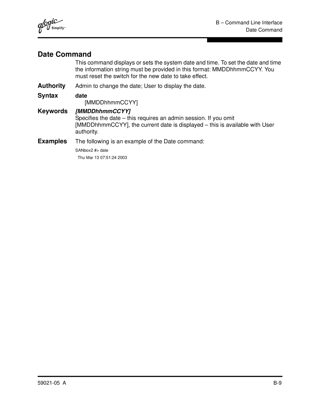 Q-Logic 59021-05 manual Date Command, Syntax date, Keywords MMDDhhmmCCYY 