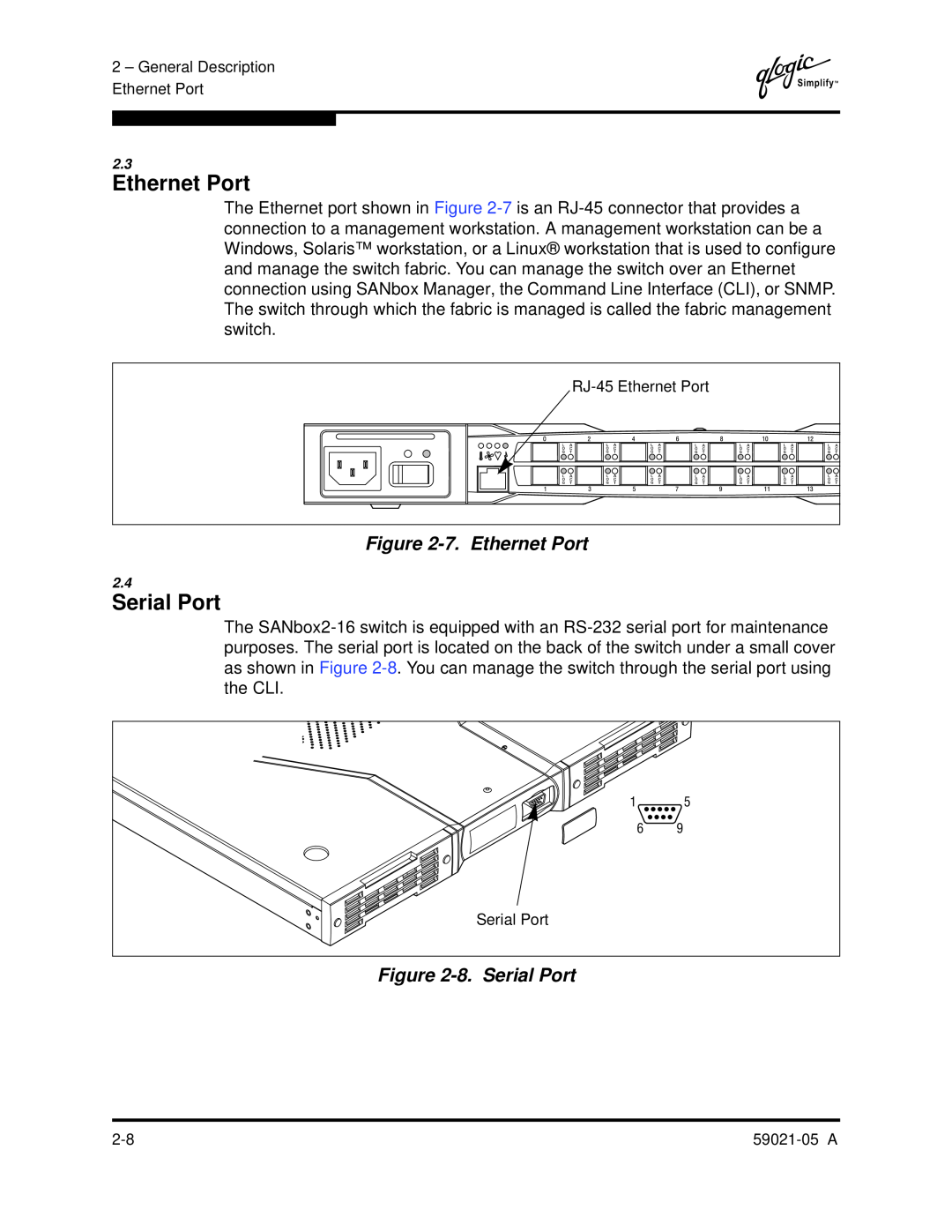 Q-Logic 59021-05 manual 7. Ethernet Port, 8. Serial Port 