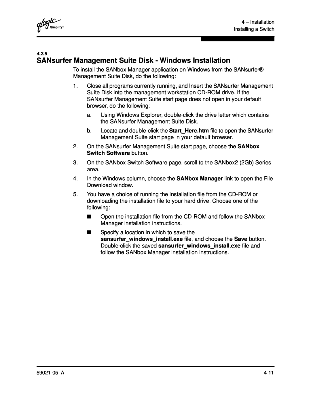 Q-Logic 59021-05 manual SANsurfer Management Suite Disk - Windows Installation 