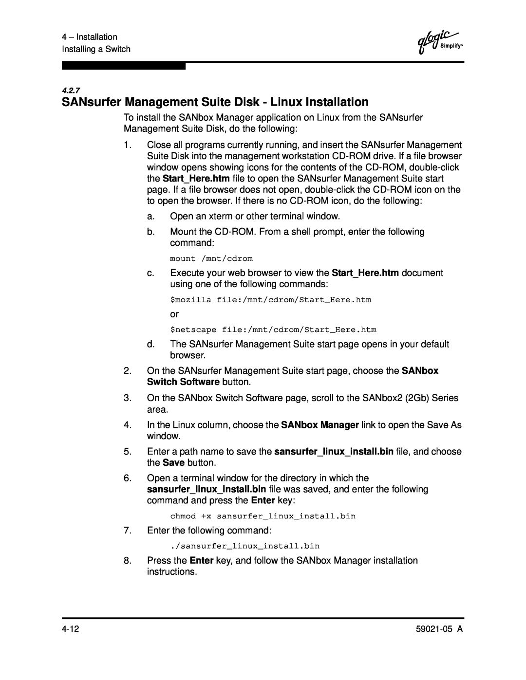 Q-Logic 59021-05 manual SANsurfer Management Suite Disk - Linux Installation, mount /mnt/cdrom, sansurferlinuxinstall.bin 