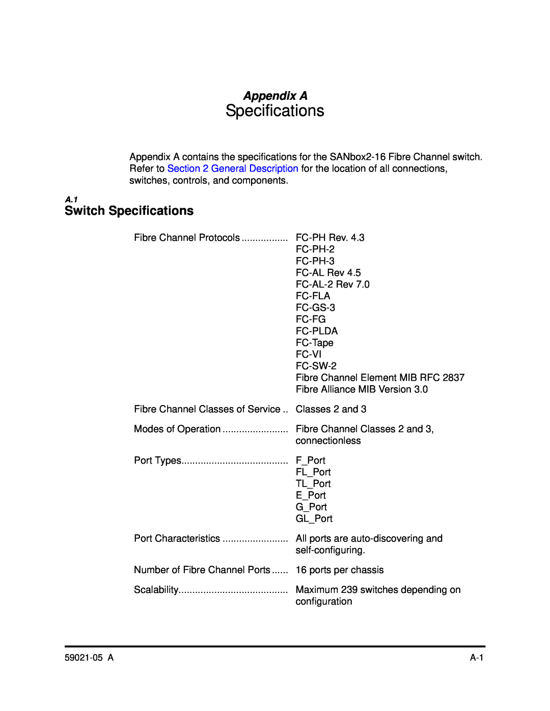 Q-Logic 59021-05 manual Switch Specifications, Appendix A 
