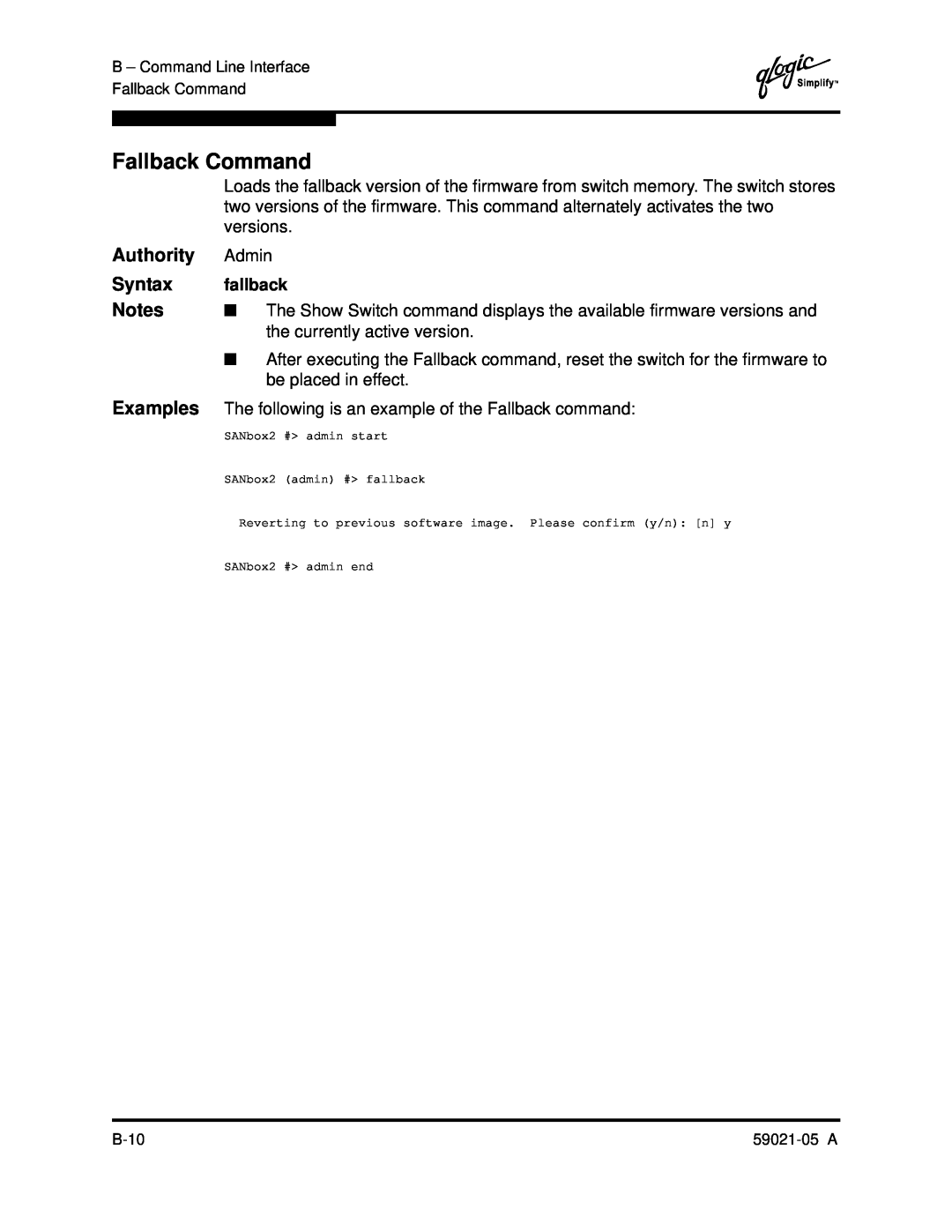 Q-Logic 59021-05 manual Fallback Command, Authority, Syntax, Examples, fallback 