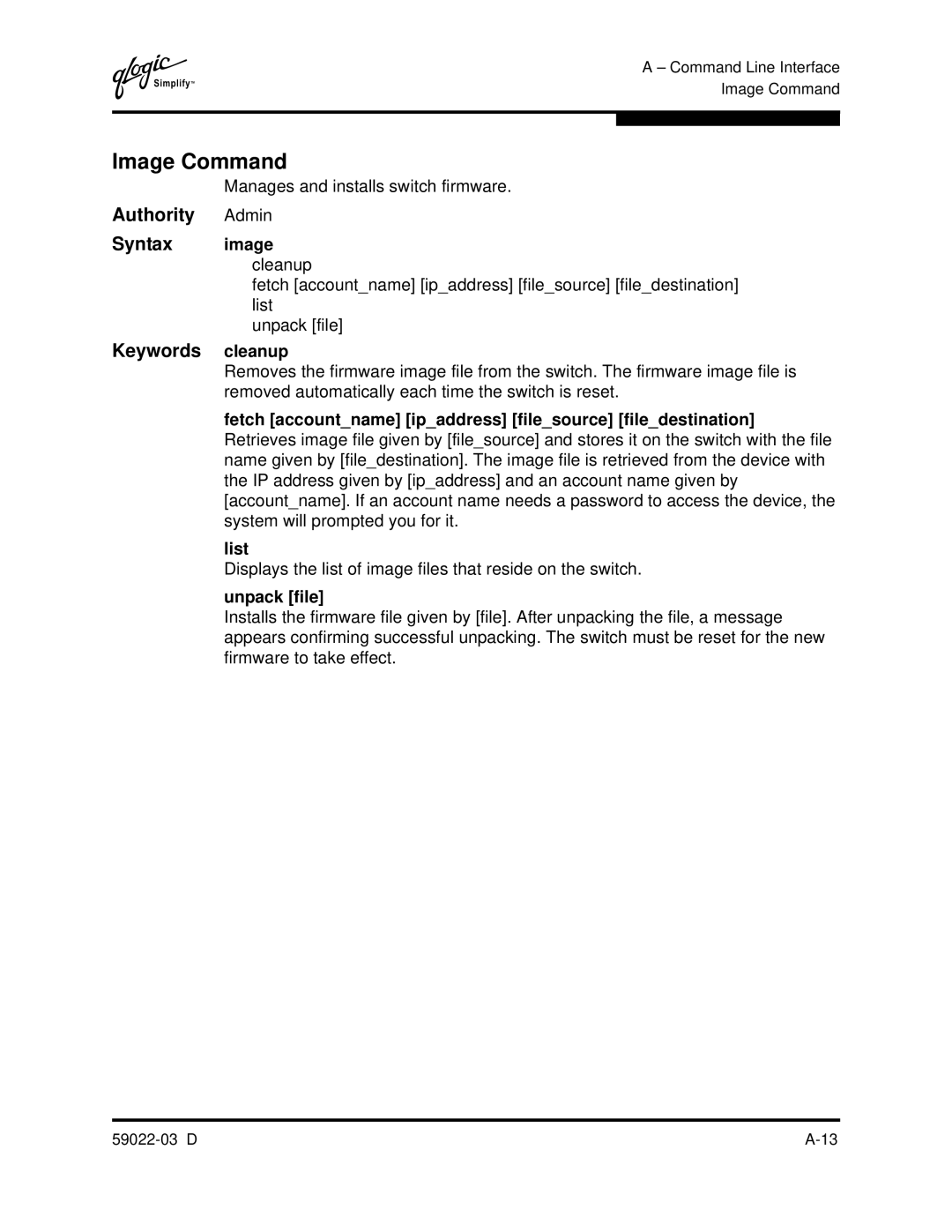 Q-Logic 59022-03 D manual Image Command, Authority Admin Syntax image cleanup, Keywords cleanup, Unpack file 