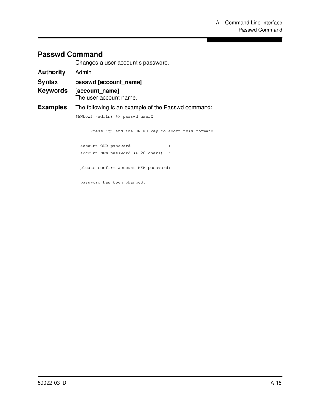 Q-Logic 59022-03 D manual Passwd Command, Admin, Passwd accountname, Accountname, User account name 