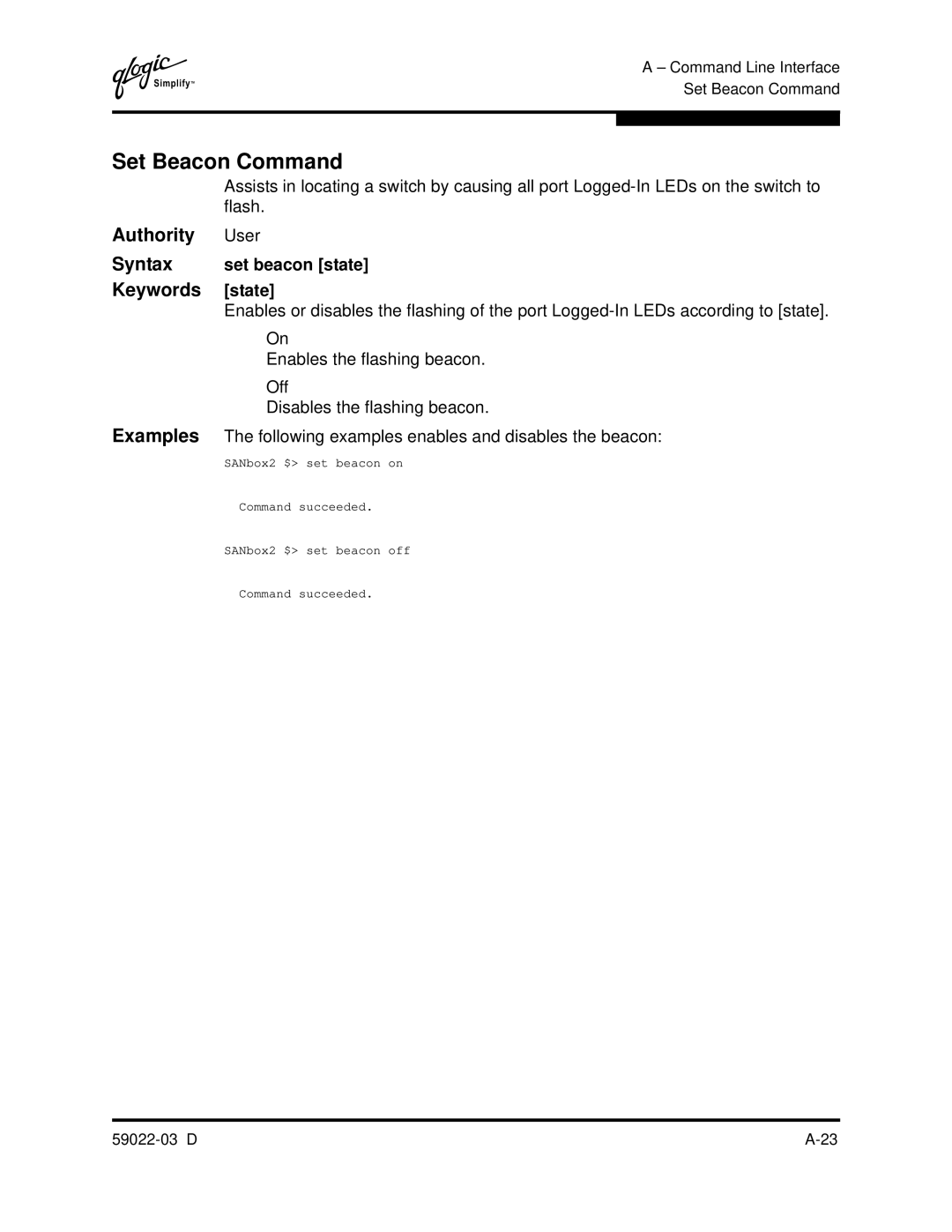 Q-Logic 59022-03 D manual Set Beacon Command, Set beacon state, State 