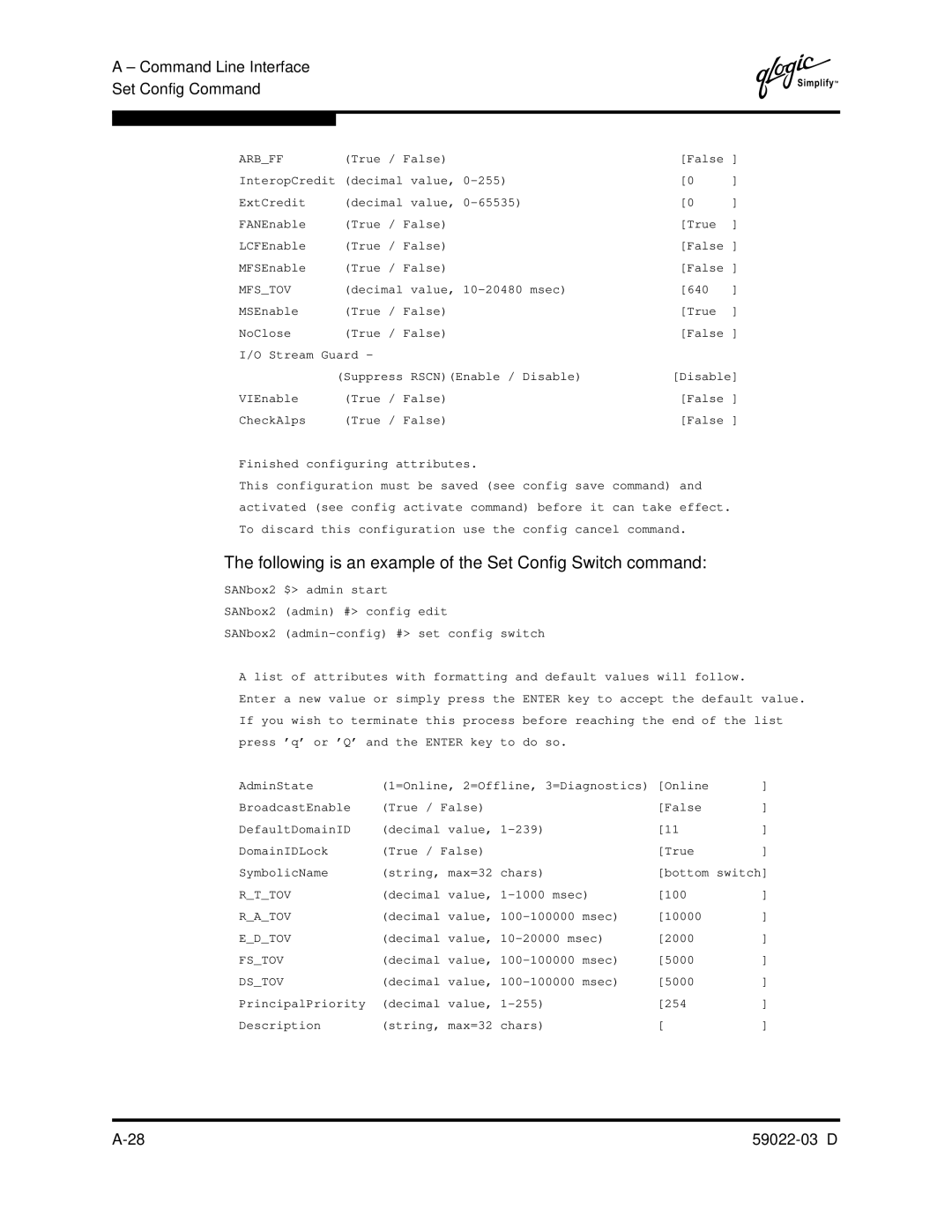 Q-Logic 59022-03 D manual Following is an example of the Set Config Switch command, Mfstov 