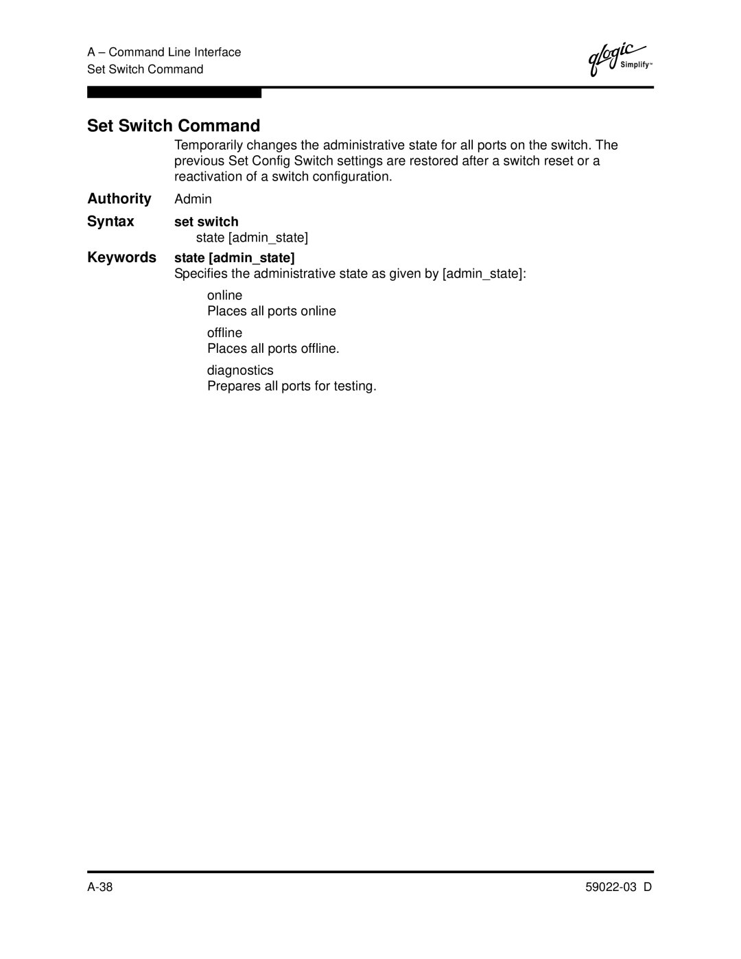 Q-Logic 59022-03 D manual Set Switch Command, Set switch 