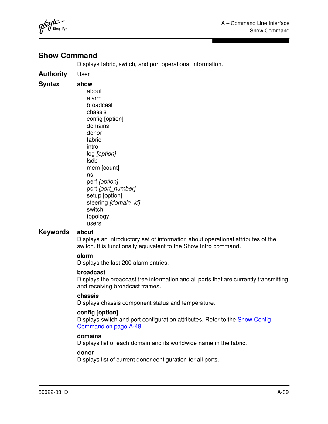 Q-Logic 59022-03 D manual Show Command, Keywords about 