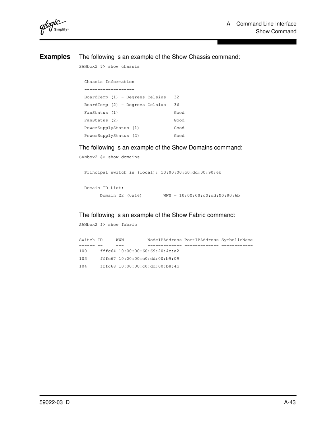 Q-Logic 59022-03 D Following is an example of the Show Domains command, Following is an example of the Show Fabric command 