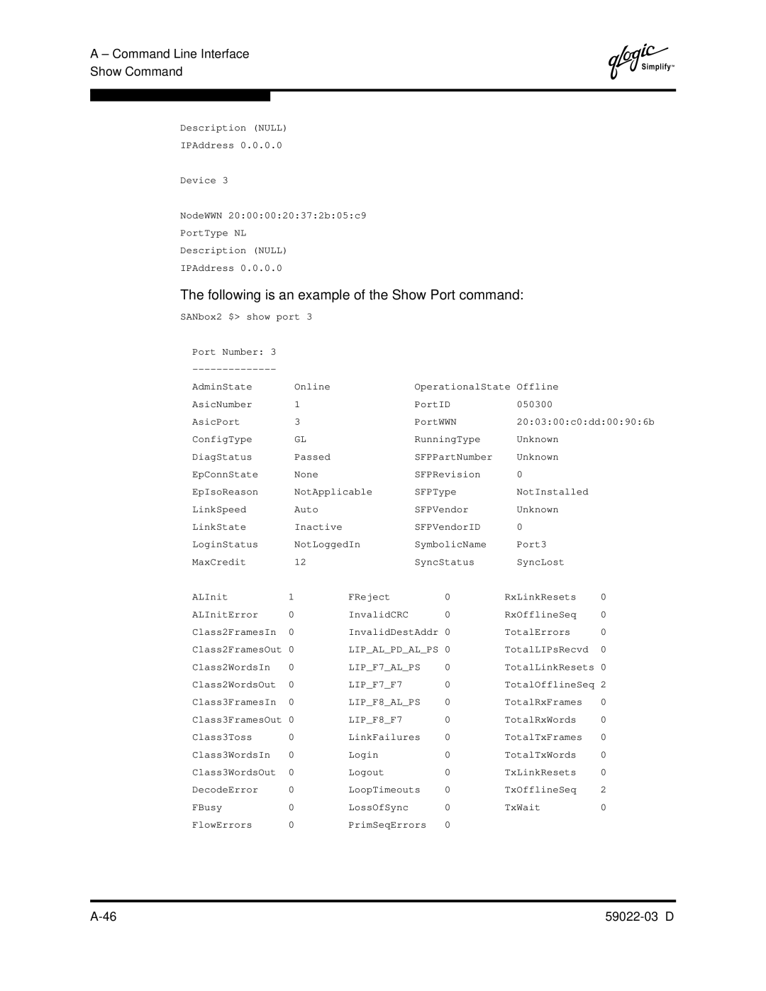 Q-Logic 59022-03 D manual Following is an example of the Show Port command, LIPF8F7 