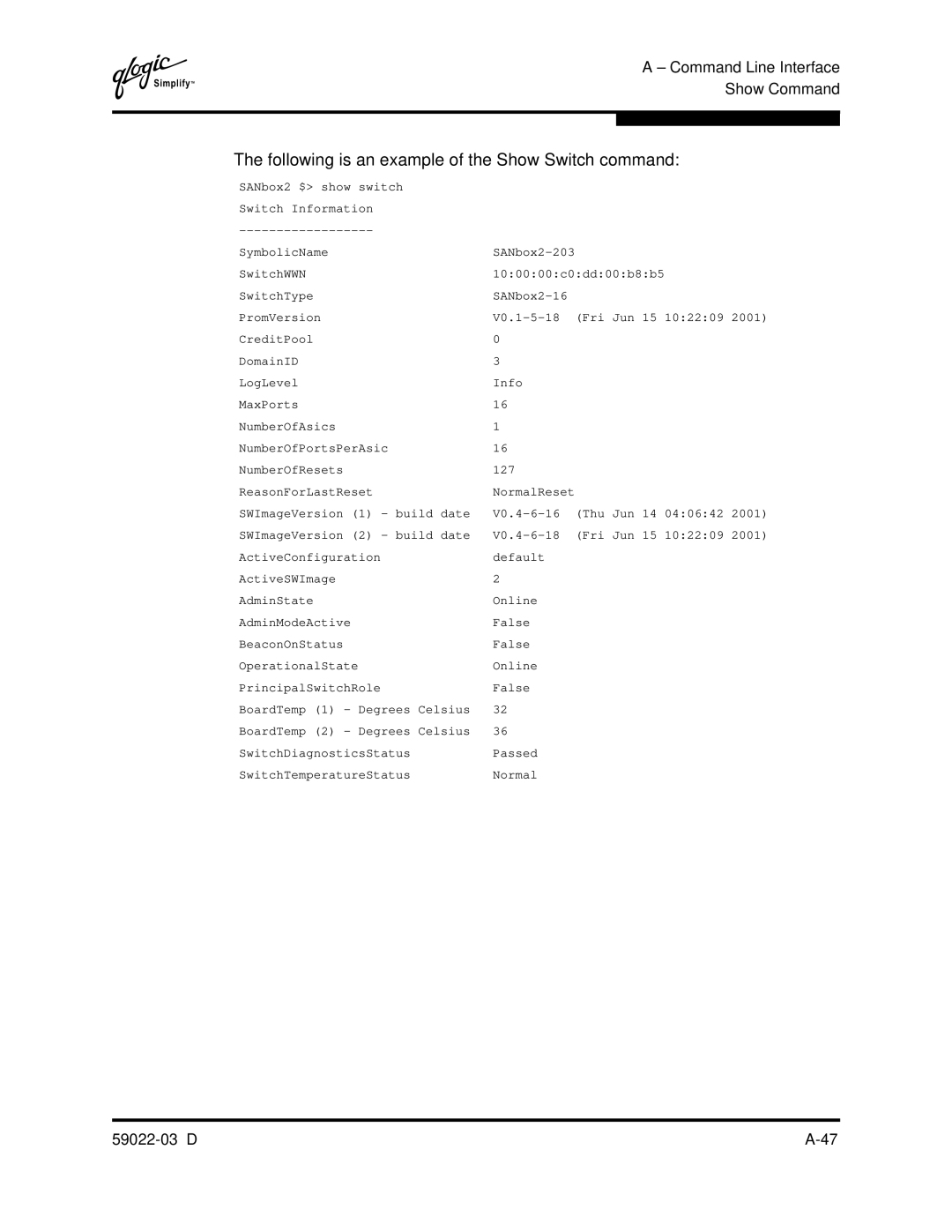 Q-Logic 59022-03 D manual Following is an example of the Show Switch command 