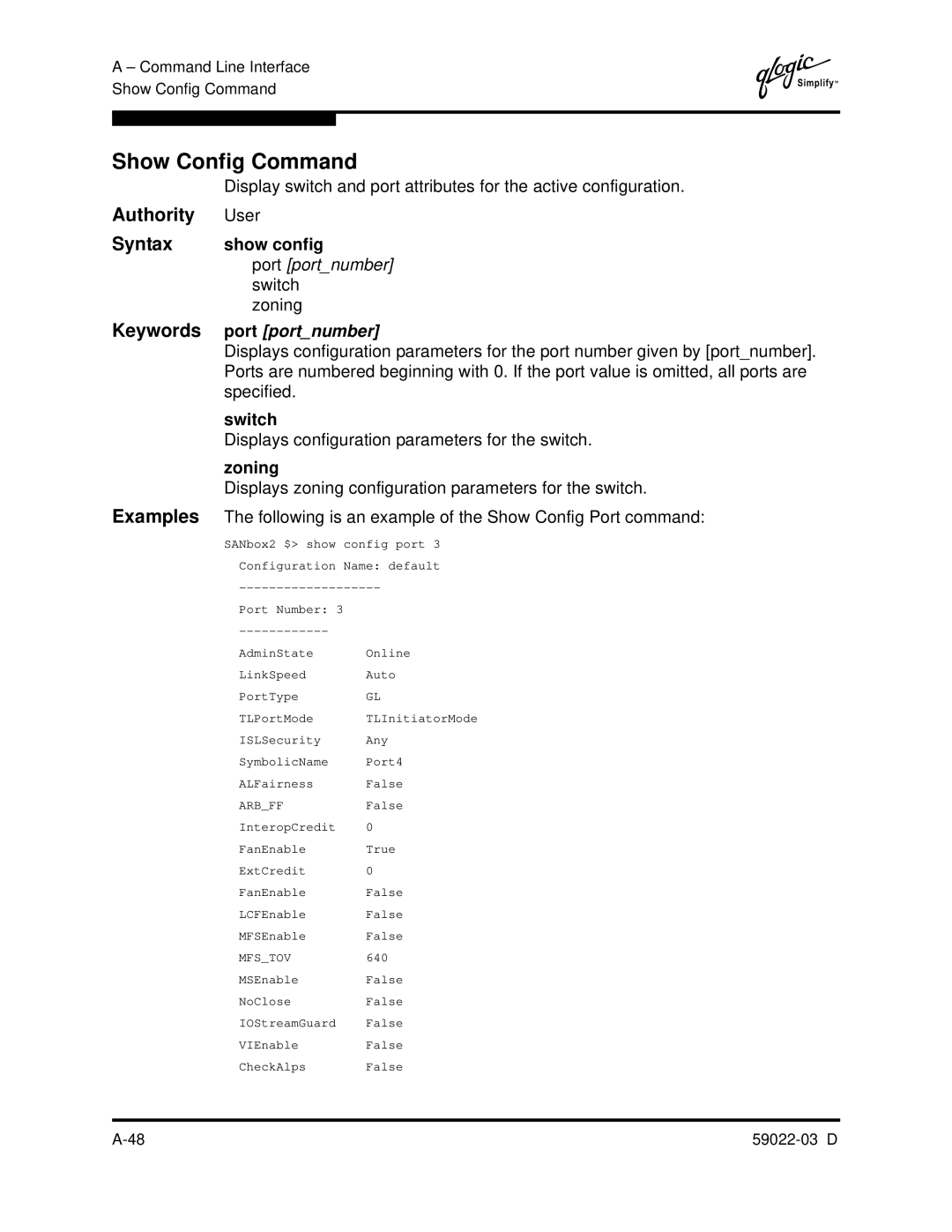 Q-Logic 59022-03 D manual Show Config Command, Show config, Specified, Displays configuration parameters for the switch 