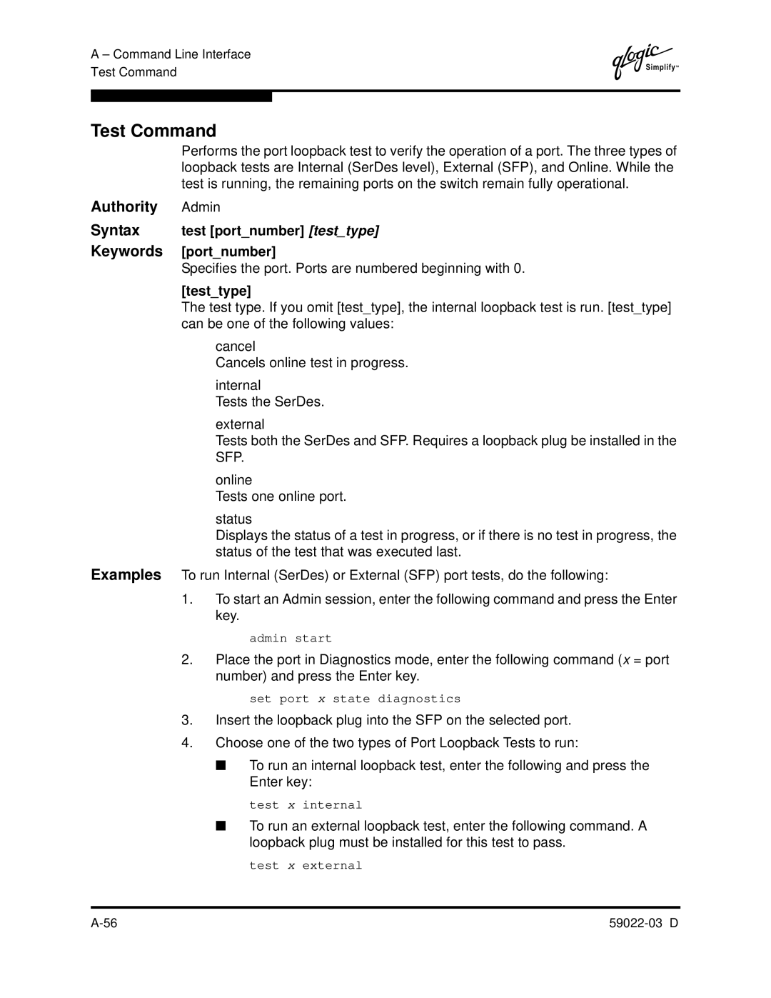 Q-Logic 59022-03 D manual Test Command, Syntax test portnumber testtype Keywords portnumber, Testtype 