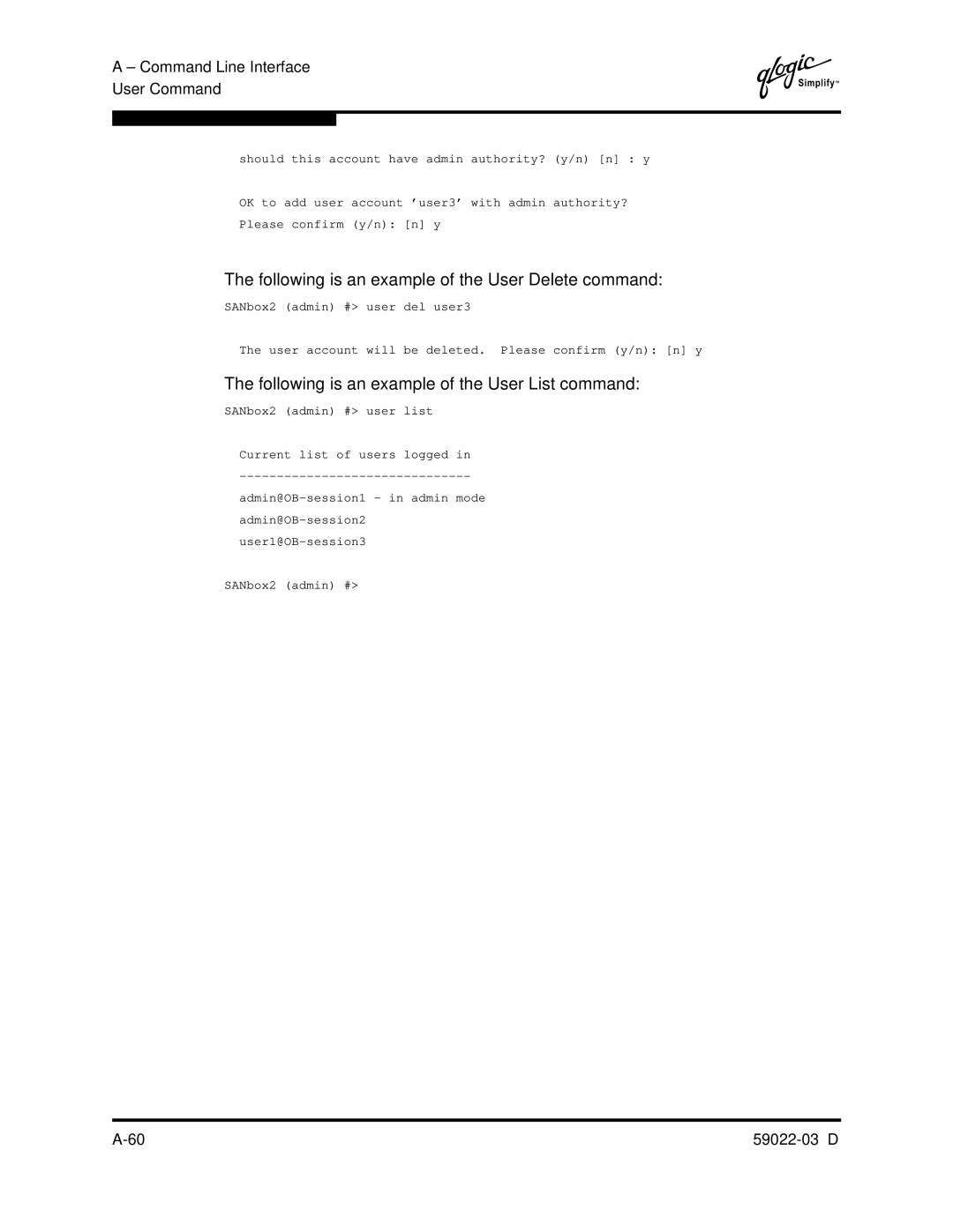 Q-Logic 59022-03 D Following is an example of the User Delete command, Following is an example of the User List command 