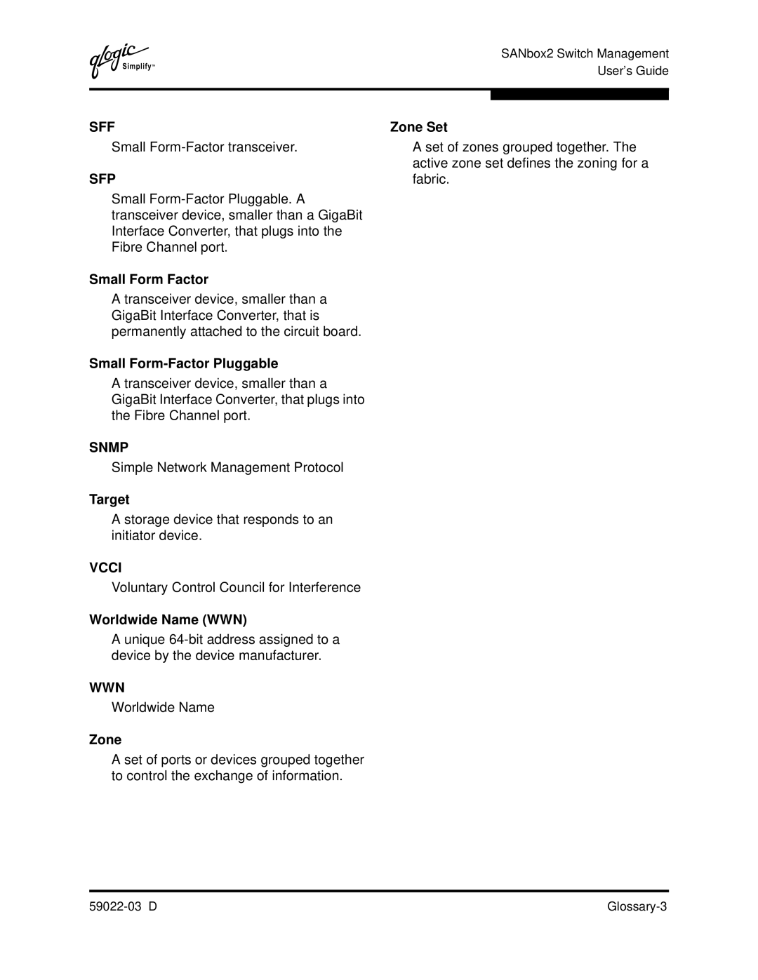 Q-Logic 59022-03 D manual Small Form Factor, Small Form-Factor Pluggable, Target, Worldwide Name WWN, Zone Set 