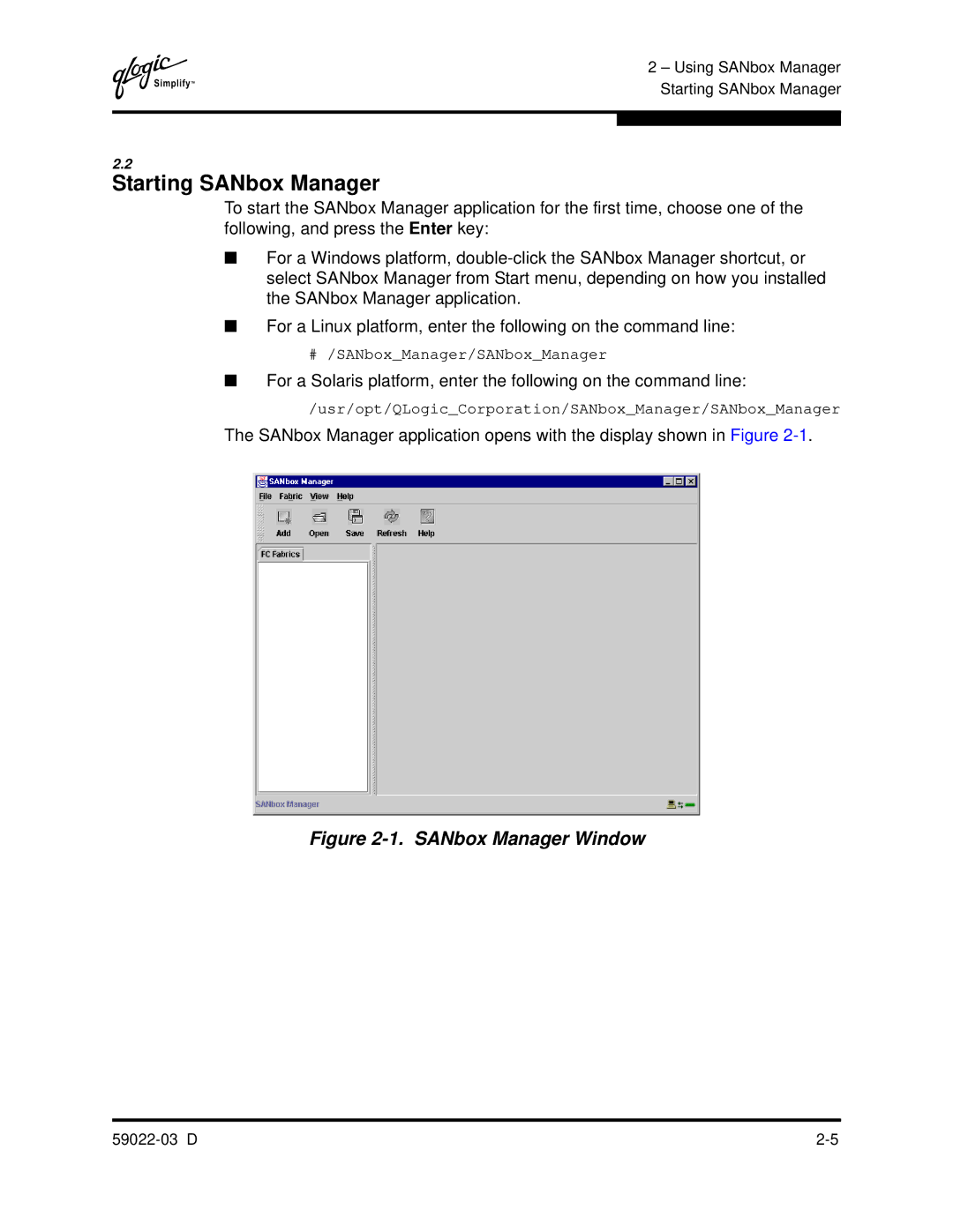 Q-Logic 59022-03 D manual Starting SANbox Manager, SANbox Manager Window 