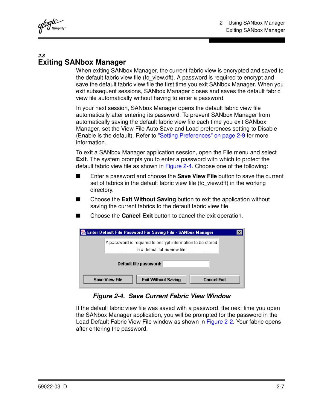 Q-Logic 59022-03 D manual Exiting SANbox Manager, Save Current Fabric View Window 