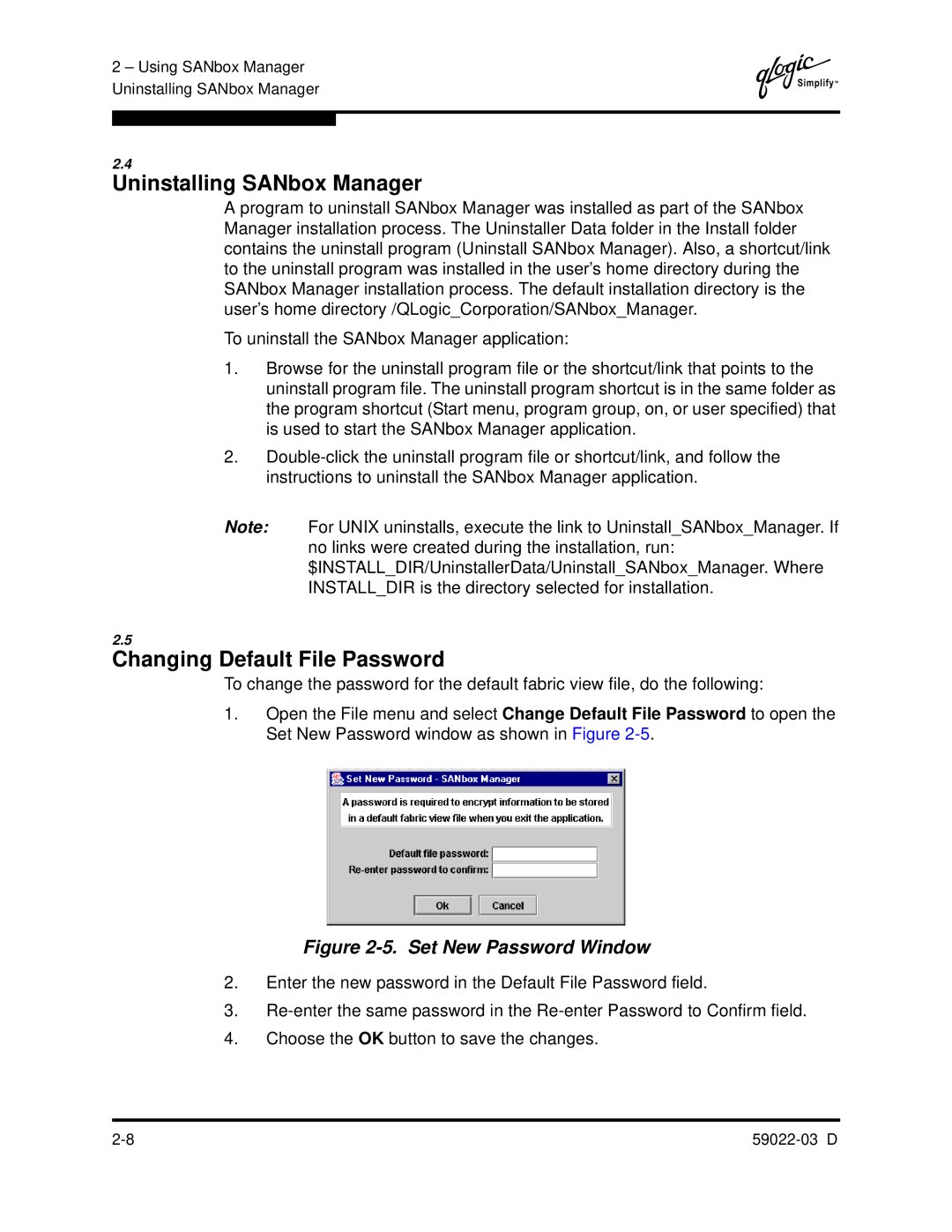 Q-Logic 59022-03 D manual Uninstalling SANbox Manager, Changing Default File Password 