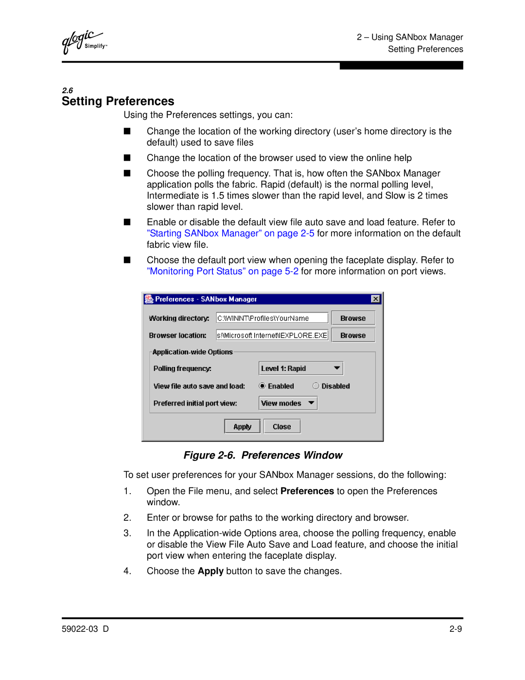 Q-Logic 59022-03 D manual Setting Preferences, Preferences Window 