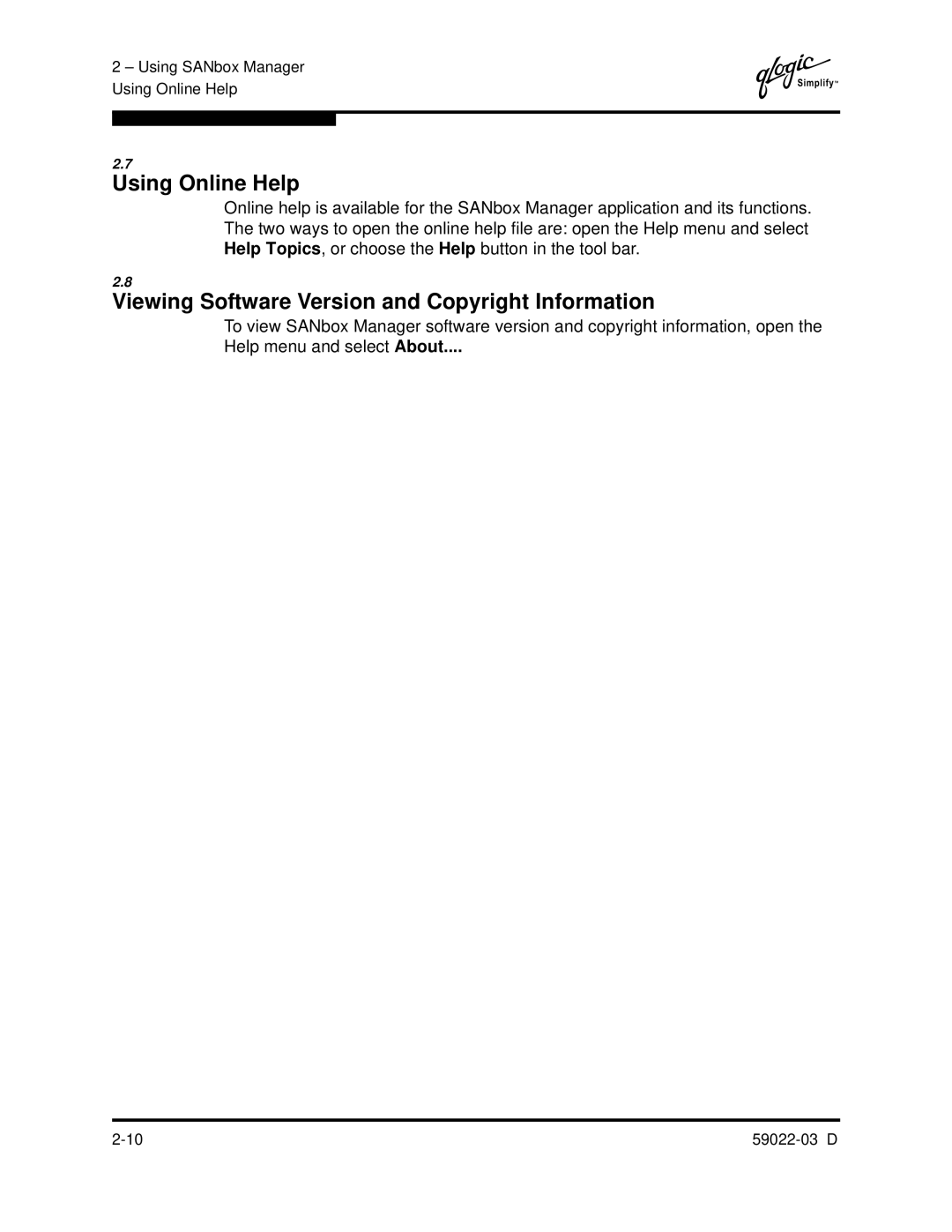 Q-Logic 59022-03 D manual Using Online Help, Viewing Software Version and Copyright Information 