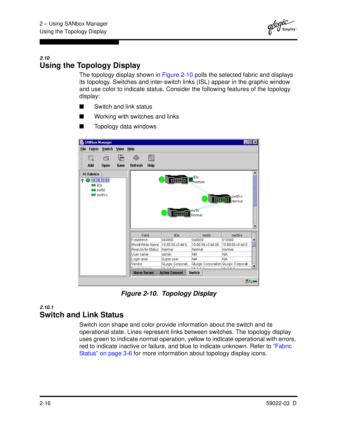 Q-Logic 59022-03 D manual Using the Topology Display, Switch and Link Status 