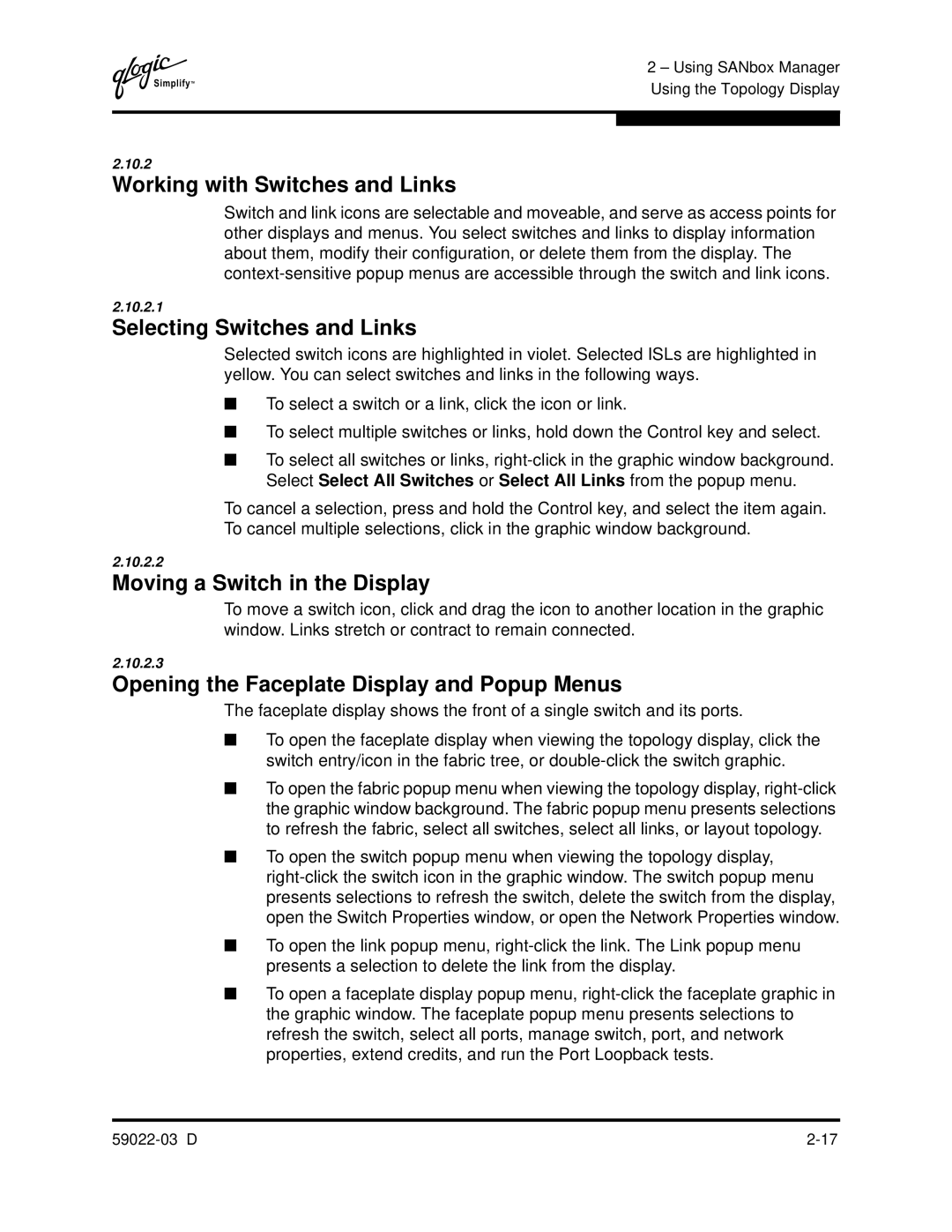 Q-Logic 59022-03 D manual Working with Switches and Links, Selecting Switches and Links, Moving a Switch in the Display 