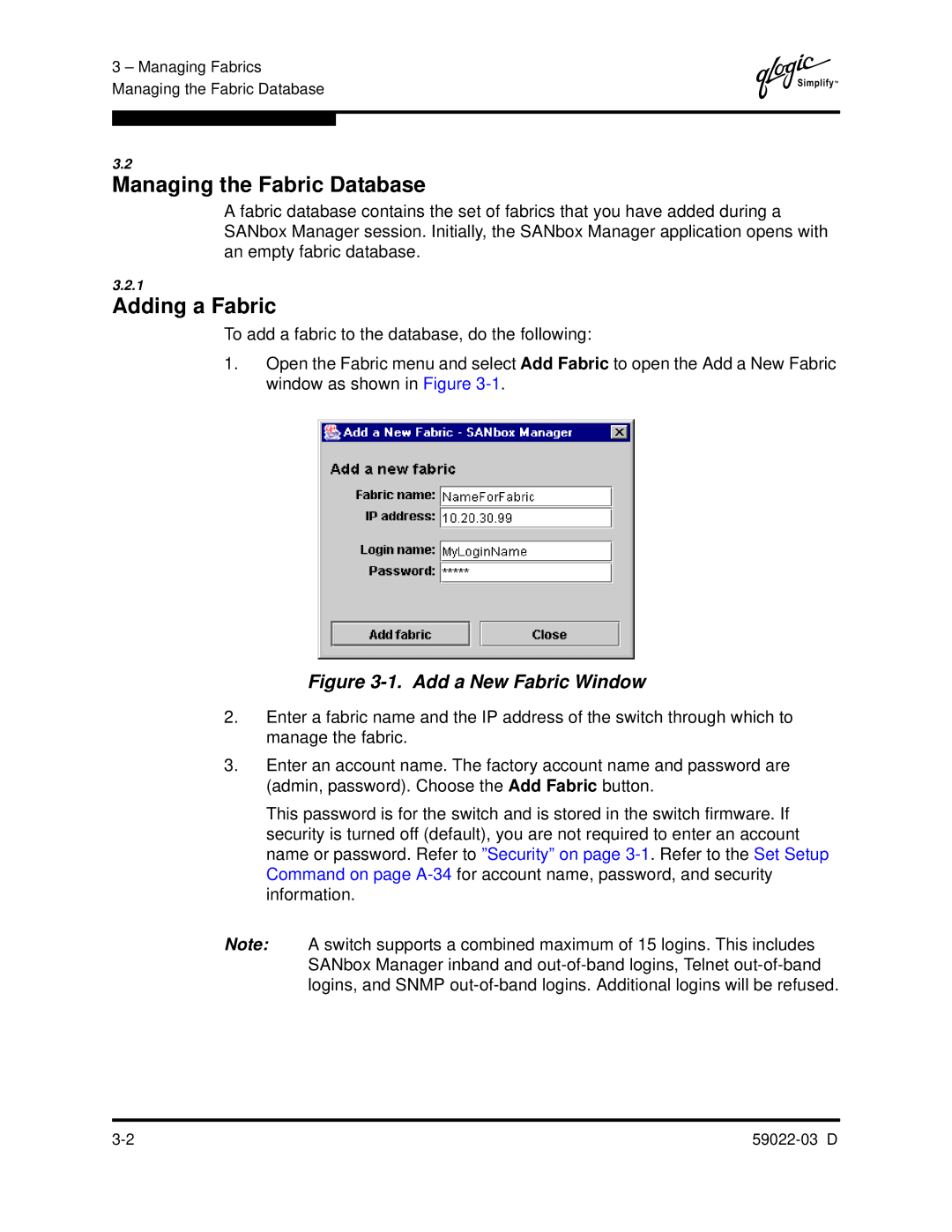 Q-Logic 59022-03 D manual Managing the Fabric Database, Adding a Fabric 