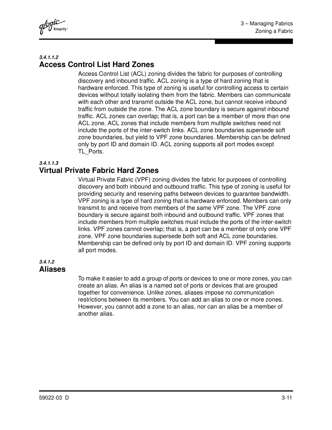 Q-Logic 59022-03 D manual Access Control List Hard Zones, Virtual Private Fabric Hard Zones, Aliases 