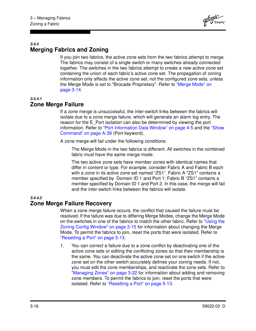 Q-Logic 59022-03 D manual Merging Fabrics and Zoning, Zone Merge Failure Recovery 