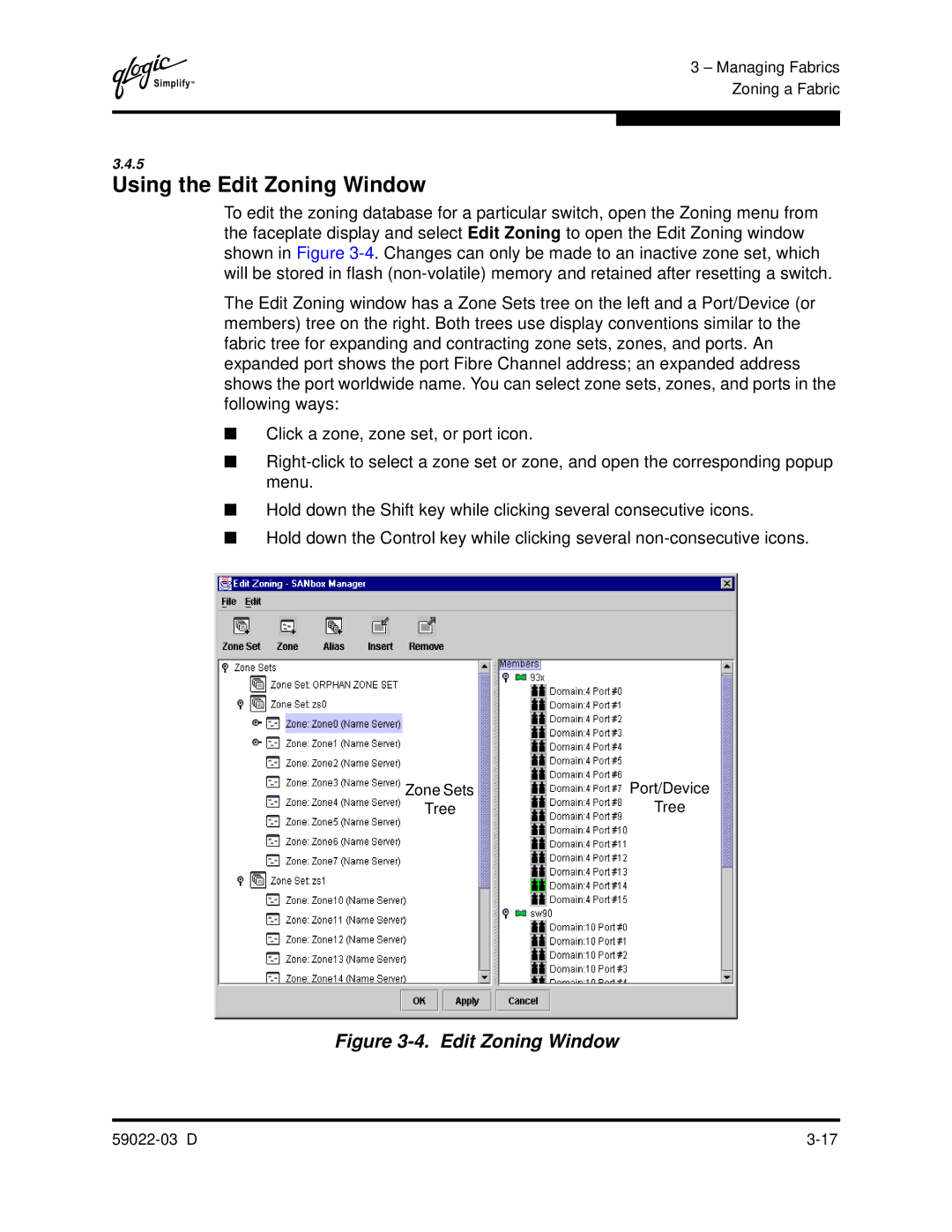 Q-Logic 59022-03 D manual Using the Edit Zoning Window 