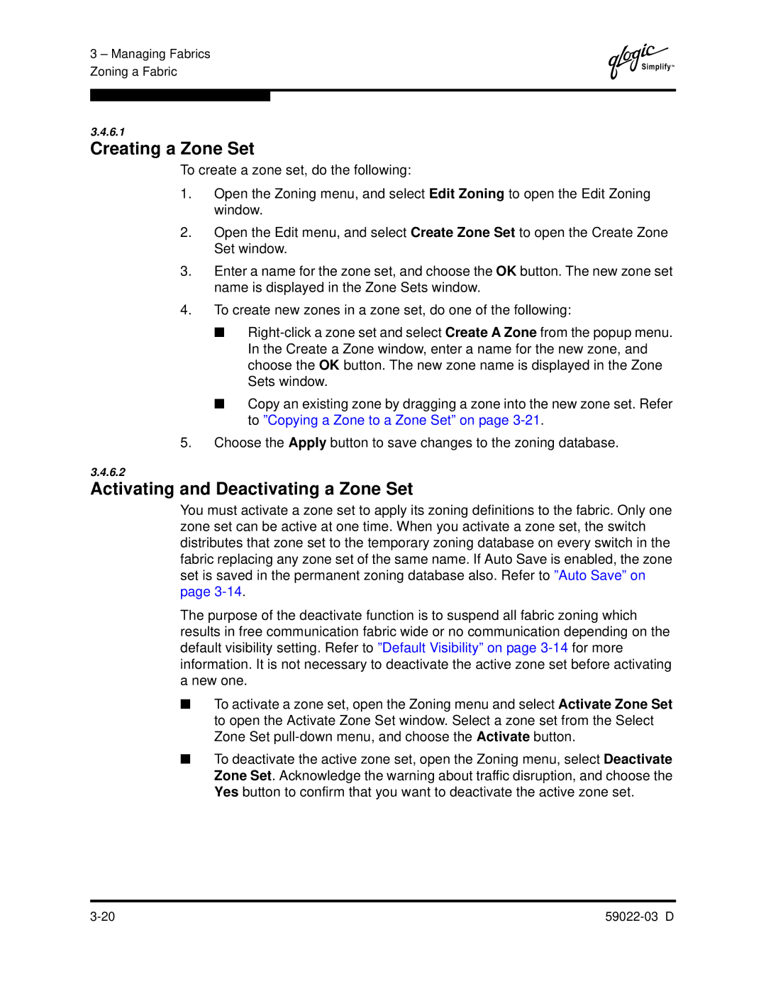 Q-Logic 59022-03 D manual Creating a Zone Set, Activating and Deactivating a Zone Set 