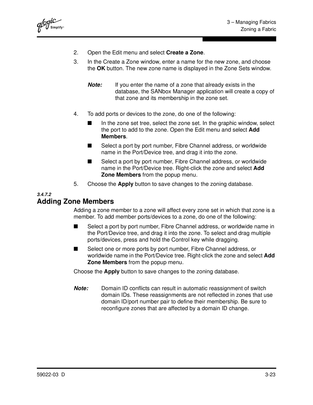 Q-Logic 59022-03 D manual Adding Zone Members 