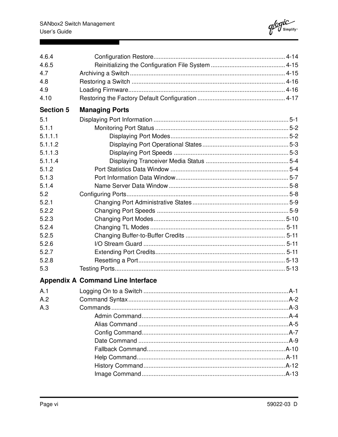 Q-Logic 59022-03 D manual Section Managing Ports, Appendix a Command Line Interface 